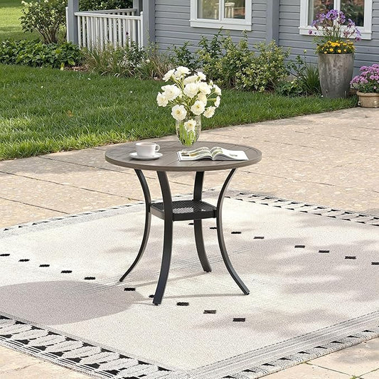 Outdoor Dining Table with Storage Shelf, 28" All-Weather Round Patio Dining Table for 2, Metal Patio Table for Garden Lawn Porch Deck Yard, Grey