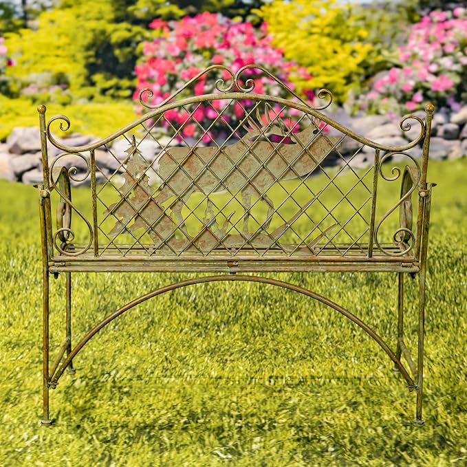 Classic Iron Garden Bench with Nature Scenery (Moose & Evergreen Backrest in Green)