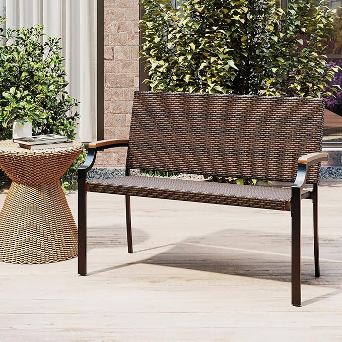 Tangkula Stackable Patio Wicker Loveseat Bench, 2-Person Rattan Outdoor Bench with Acacia Wood Armrests & Metal Frame, Rattan Conversation Furniture for Backyard, Garden, Balcony, Porch (2,Mix Brown)