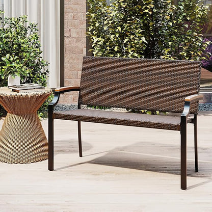 Tangkula Stackable Patio Wicker Loveseat Bench, 2-Person Rattan Outdoor Bench with Acacia Wood Armrests & Metal Frame, Rattan Conversation Furniture for Backyard, Garden, Balcony, Porch (2,Mix Brown)