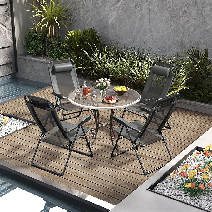Giantex Set of 4 Patio Folding Chairs, Portable Outdoor Dining Chairs with 7-Level Adjustable Backrest, Headrest - Photo 2