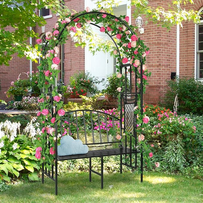 Garden Arch Heavy Duty Arbor with Bench Holds 660lbs Metal Arbor Archway for Climbing Plant & Two People Seat Bench Outdoor Lawn Backyard Decor, Black