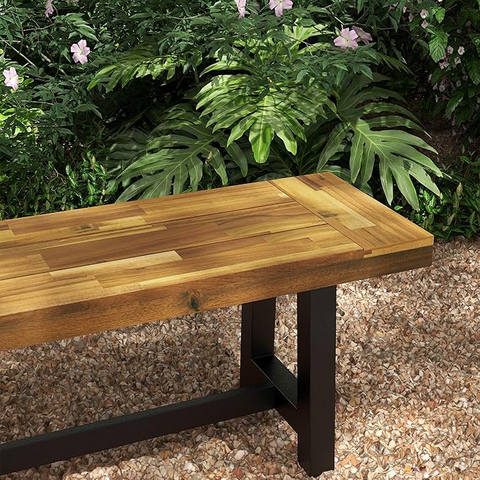 Wooden Outdoor Garden Bench, Park Bench with Acacia Wood Seat, Front Porch Bench with Metal Frame for Conservatory, Poolside, Deck, 63" x 14.25" x 18", Natural