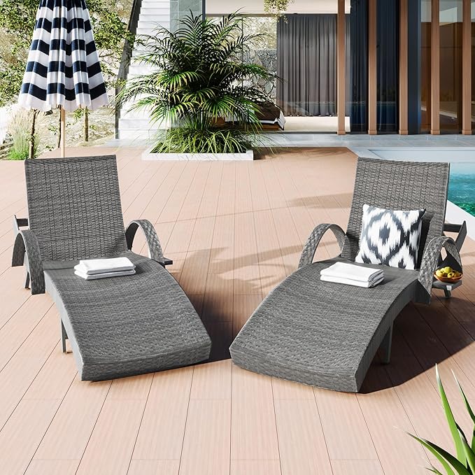 Polibi Outdoor Wicker Chaise Lounge Chairs Set of 2,80.3" Patio Rattan Reclining Chair with Pull-Out Side Table and 4-Level Adjustable Backrest,Ergonomic Wave Design Pool Sunbathing Recliners(Grey)