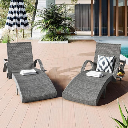 Polibi Outdoor Wicker Chaise Lounge Chairs Set of 2,80.3" Patio Rattan Reclining Chair with Pull-Out Side Table and 4-Level Adjustable Backrest,Ergonomic Wave Design Pool Sunbathing Recliners(Grey)