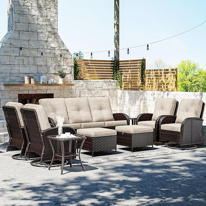 Joyside Wicker Patio Furniture Set, 9 Piece Outdoor Furniture Set with Thickened Cushions, High Back, Deep Seating, Wide Armrest, Outdoor Swivel Rocker Chairs for Porch, Deck