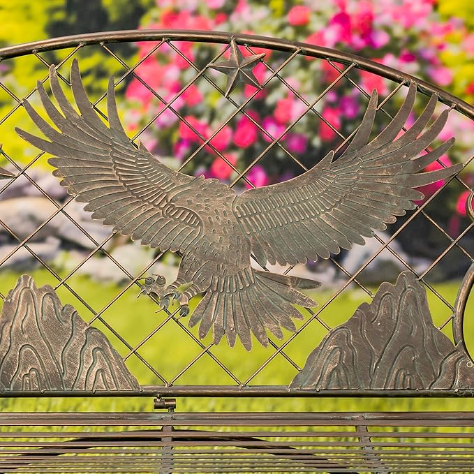 Classic Iron Garden Bench with Nature Scenery (Flying Eagle Backrest in Bronze)