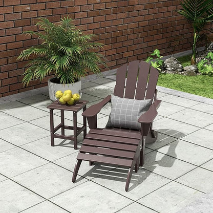 WO Home Furniture 3pc Set - HDPE Poly Adirondack Chair with Ottoman/Footrest and Square Side Table, All Weather and UV Resistant for Outdoor Patio Backyard, Garden, Dark Brown