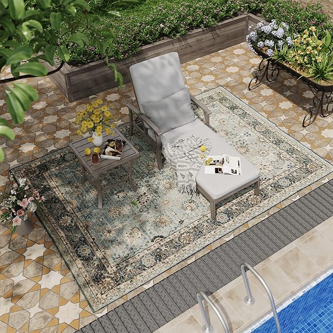 HAPPATIO Aluminum Patio Chaise Lounge Set 2 Pieces, Aluminum Patio Lounge Chair with Side Table, Pool Lounge Chair with Cushion for Patio Deck Poolside (Gray)