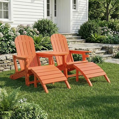 Shintenchi Adirondack Chair Set of 2,HDPE Adirondack Chairs with Umbrella Hole Connecting Tray & 2 Curved Ottoman,Plastic Outdoor Chairs with Cup Holders for Garden Backyard Pool,Orange