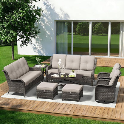 8 Piece Outdoor Wicker Patio Furniture Set, Outdoor Swivel Rocker Patio Chairs Set with Thickened Olefin Cushions, High Back and Deep Seating, Hand-Woven PE Rattan for Porch, Deck