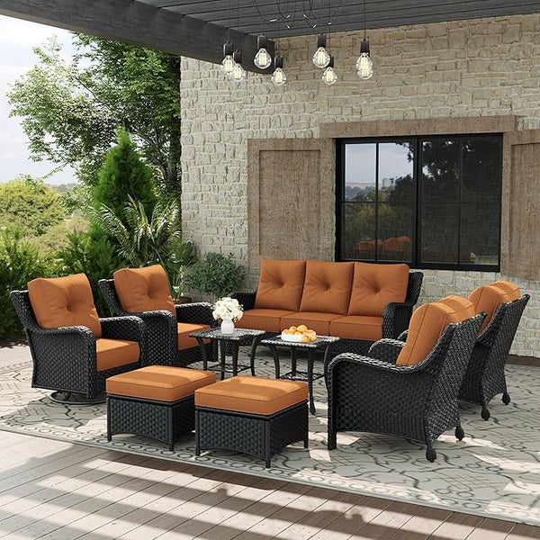 9 Piece Patio Furniture Set, All-Weather Wicker Outdoor Conversation Set with Swivel Rocking Chair and 6 Inch Thick - Photo 1