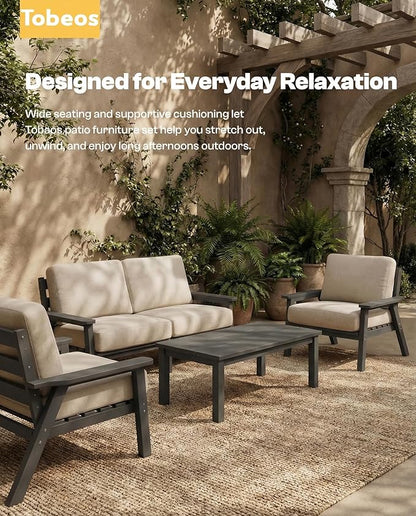 HDPE Patio Furniture Set 4 Seats, Outdoor Couch with Washable Thick Beige Cushions & Coffee Table & Side Table, Outdoor Sectional Furniture for Backyard, Deck, Lawn, Porch (Gray Frame)