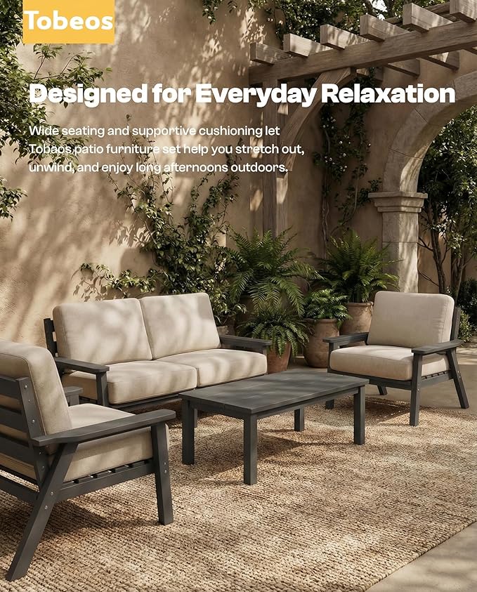 HDPE 5 Piece Patio Furniture Set, Outdoor Couch with Washable Thick Beige Cushions & Coffee Table & Side Table, Outdoor Sectional Furniture for Backyard, Deck, Lawn, Porch (Gray Frame)
