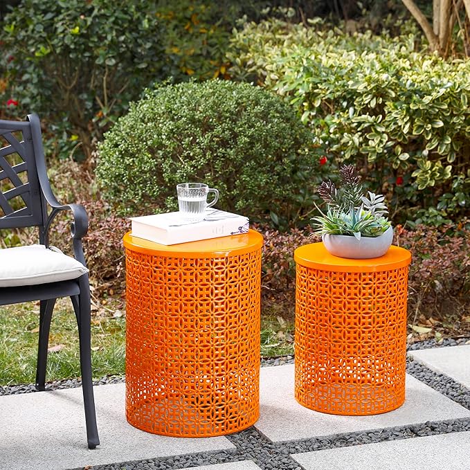 Glitzhome Outdoor Side Table Set of 2, Decorative Garden Stool for Patio Heavy Duty Metal Frame Accent Table Modern End Table, Glossy Orange
