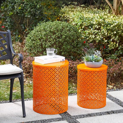 Glitzhome Outdoor Side Table Set of 2, Decorative Garden Stool for Patio Heavy Duty Metal Frame Accent Table Modern End Table, Glossy Orange