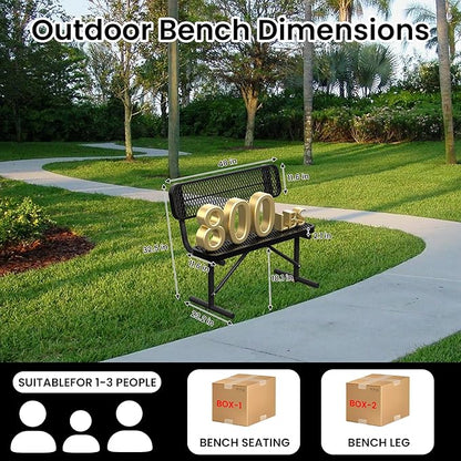 4 FT Heavy Duty Metal Park Bench for Outside, Outdoor Benches Weatherproof Black Bench with Backrest & Portable Frame, 1-3 Person Seat-Commercial Benches Garden Benches for Outdoors