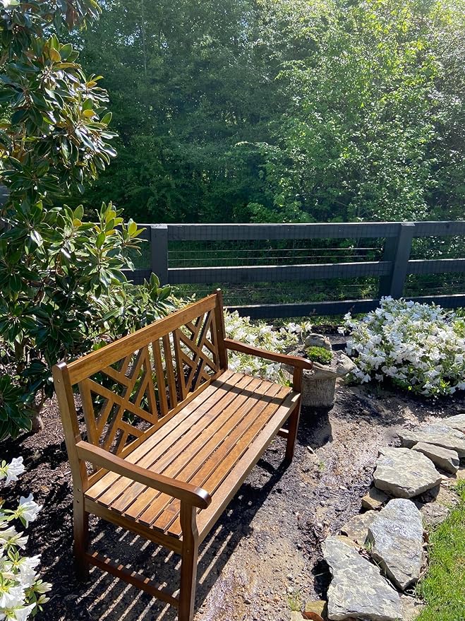 PHI VILLA Outdoor Garden Wooden Bench, 4 Ft Acacia Wood Bench with Curved Backrest and Armrest, 2 Seat All Weather Bench for Patio, Lawn, Balcony, Yard, Porch - Brown