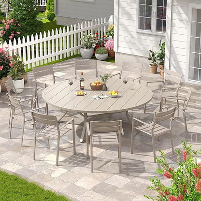 Patio Dining Table for 8-10, Round Metal Outdoor Table with 1.57" Umbrella Hole, 63" Outdoor Slat Tabletop Dining Table for Backyard, Porch, Lawn, Sand