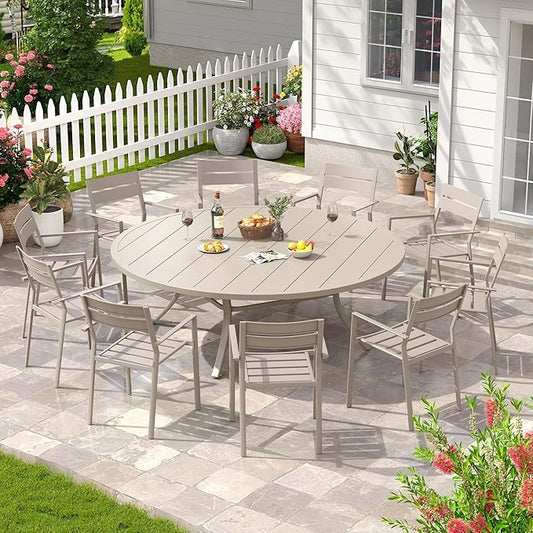 Patio Dining Table for 8-10, Round Metal Outdoor Table with 1.57" Umbrella Hole, 63" Outdoor Slat Tabletop Dining Table for Backyard, Porch, Lawn, Sand