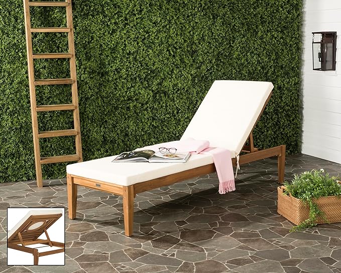 SAFAVIEH Outdoor Collection Montclair Natural Solid Wood/Beige Cushion Adjustable Chaise Lounge Chair (PAT6731A)