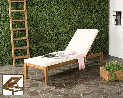 SAFAVIEH Outdoor Collection Montclair Natural Solid Wood/Beige Cushion Adjustable Chaise Lounge Chair (PAT6731A)