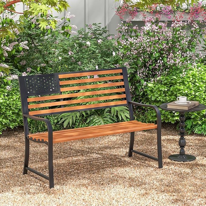 Giantex Outdoor Bench, 2-Person Metal Garden Bench with American Flag Backrest, Curved Armrests & Slatted Seat, 660 Lbs Capacity, Outdoor Bench for Lawn, Porch, Yard, Park Bench