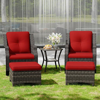 Wicker Patio Furniture Set - 5 Piece Rattan Outdoor Conversation Sets with 2 Wicker Patio Chairs,2 Ottomans, 1 Side Table for Garden, Backyard, Balcony and Deck