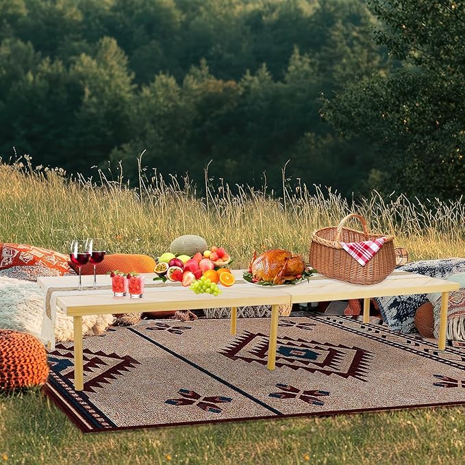 Folding Picnic Table with Table Runner, Portable Boho Low Picnic Table for Indoor Outdoor - Photo 2