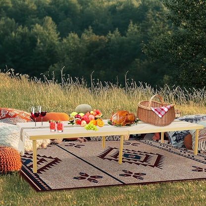 Folding Picnic Table with Table Runner, Portable Boho Low Picnic Table for Indoor Outdoor, 80" x 30" Wooden Table with Adjustable Heights for Camping, Wedding, Beach, Garden, Party(Large Size for 8)