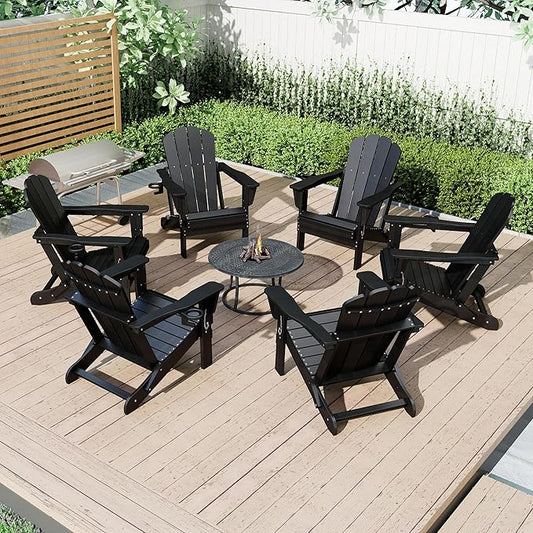 Domi Folding Adirondack Chair Set of 6, HDPE All-Weather Adirondack Chairs with Cup Holder, Outdoor Plastic Fire Pit Chairs Wood Texture for Poolside, Patio, Backyard, Deck (Black)
