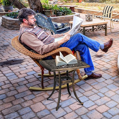 Bonnlo 21 Inch Cast Aluminum Outdoor Side Table with Umbrella Hole, Anti-Rust Coffee Bistro Table for Outdoor, Patio, Garden, Porch, Balcony End Table (Square, Bronze)