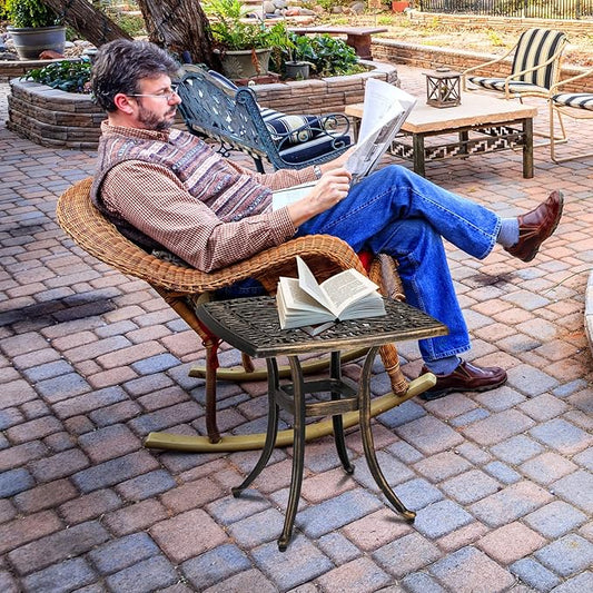 Bonnlo 21 Inch Cast Aluminum Outdoor Side Table with Umbrella Hole, Anti-Rust Coffee Bistro Table for Outdoor, Patio, Garden, Porch, Balcony End Table (Square, Bronze)