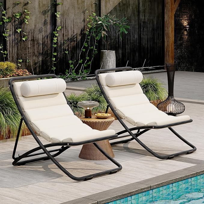 Outdoor Chaise Lounge Chair Set of 2, Patio Chaise Lounge Recliner, Poolside Chaise Lounge with Thick All-Weather Cushions for Patio, Deck and Backyard(D)