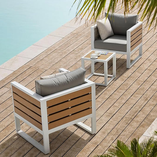 Outdoor Sofa Set, 18 Inch Square Slatted Side Table, 2 Armchairs, 4.7'' Thick Cushions and Pillows, Powder-Coated Aluminum and Imitation Wood Frame, Polyester Fabric, for Patio, Garden and Backyard