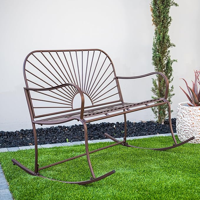 XBrand 44.5" L Iron Sun-Patterned Seat for Two Indoor/Outdoor Rocking Glider Bench, Durable Patio Glider Bench, Brown - Photo 2