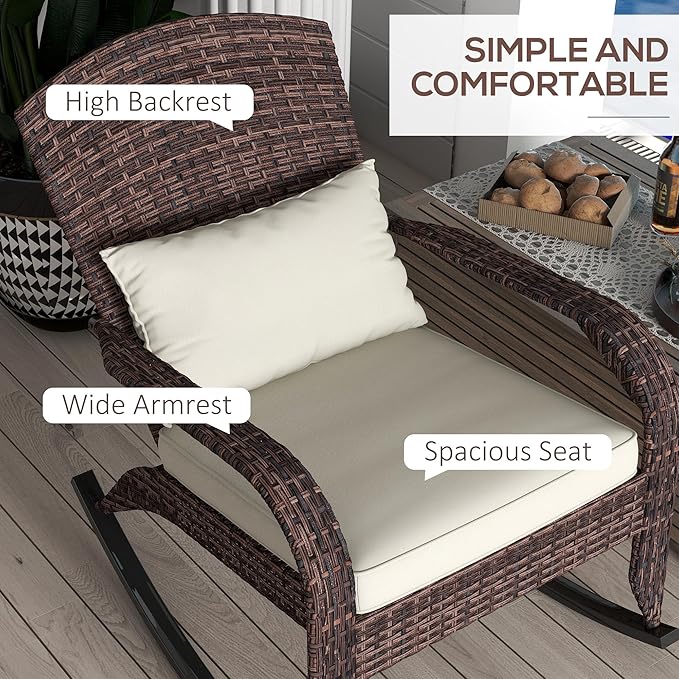 Outsunny Outdoor Wicker Adirondack Rocking Chair, Patio Rattan Rocker Chair with High Back, Seat Cushion, and Pillow for Garden, Porch, Balcony, Cream White