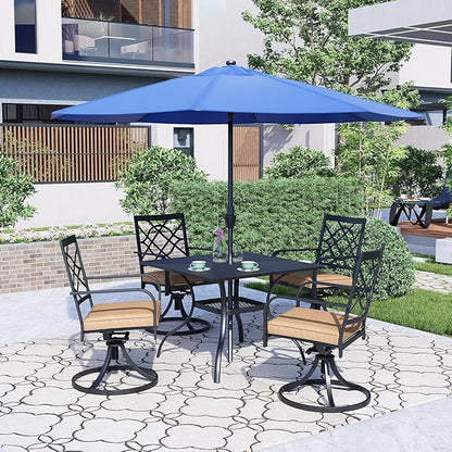 SUNCROWN 5 Pieces Outdoor Dining Set Metal Swivel Cushioned Chairs Patio Furniture Sets with Steel Slat Bistro Table and Sky Blue 9Ft Patio Umbrella for Backyard, Lawn, Garden, Deck, Poolside