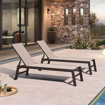 PURPLE LEAF Outdoor Chaise Lounge Chair Set of 2, Patio Pool Textilene Loungers with Adjustable Backrest and Wheels, Includes Side Table for Deck, Lawn, Garden, Sand Beige