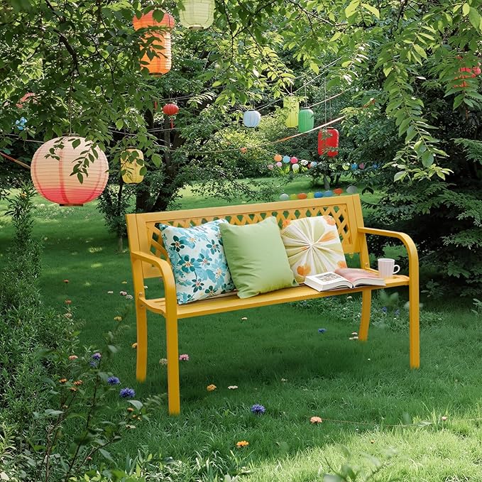 Outvita Outdoor Bench, 47" Iron Steel Frame Garden Bench with Mesh Pattern and Plastic Backrest Armrests, Patio Bench for Garden Park Yard Front Porch Patio, Yellow