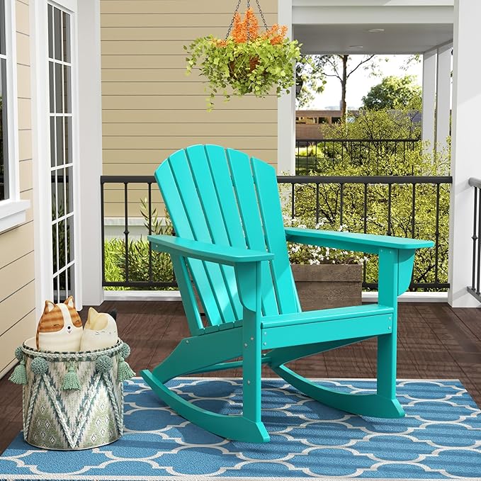 Costaelm Outdoor Adirondack Chair, All Weather Resistant Lawn Chairs Balcony Chair and Fire Pit Chairs, Deck Chairs Outdoor Porch Rocking Chair High Back HDPE Poly Lumber, Turquoise