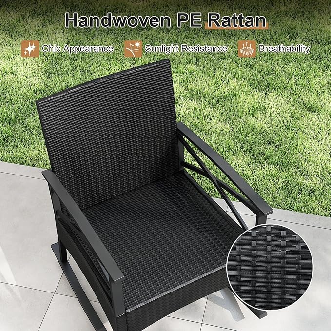 Tangkula 3 Pieces Outdoor Rocking Chairs Set, Rattan Heavy Duty Cushioned Rocker Chairs with 2-Tier Tempered Glass Coffee Table, for Garden, Balcony, Backyard (Black+Gray)