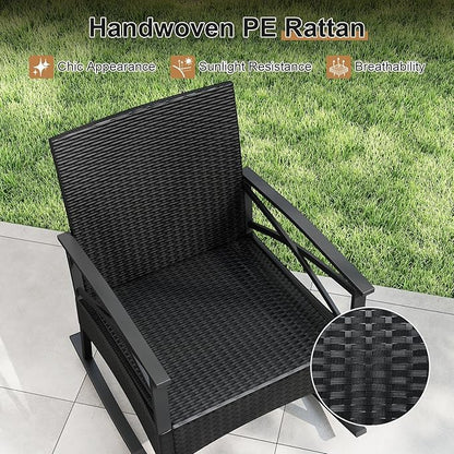 Tangkula 3 Pieces Outdoor Rocking Chairs Set, Rattan Heavy Duty Cushioned Rocker Chairs with 2-Tier Tempered Glass Coffee Table, for Garden, Balcony, Backyard (Black+Navy)