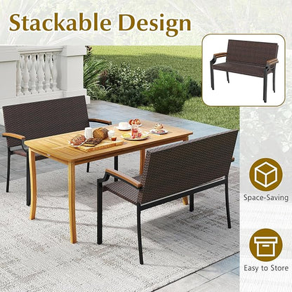Tangkula Stackable Patio Wicker Loveseat Bench, 2-Person Rattan Outdoor Bench with Acacia Wood Armrests & Metal Frame, Rattan Conversation Furniture for Backyard, Garden, Balcony, Porch (1,Mix Brown)