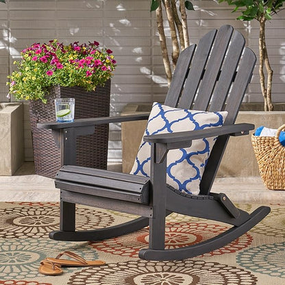 Christopher Knight Home Adirondack Rocking Chair Outdoor Acacia Wood Patio Rocker with Slat Panel Design for Porch Backyard Garden, Dark Grey