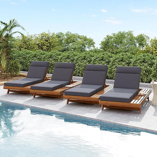 Merax Acacia Wood Chaise Lounge Chair Outdoor Set of 4, Patio Recliner with 4 Position Adjustable Backrest and 4" Thick Four-fold Cushion