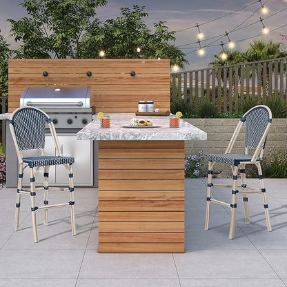 PURPLE LEAF French Bar Stool Set of 4 White Print Finish Patio Bar Stools with Back Rattan Bar Chairs Wicker Bar Height Stool 30" with Footrest Kitchen Island Stools Outdoor Barstool Royal Blue