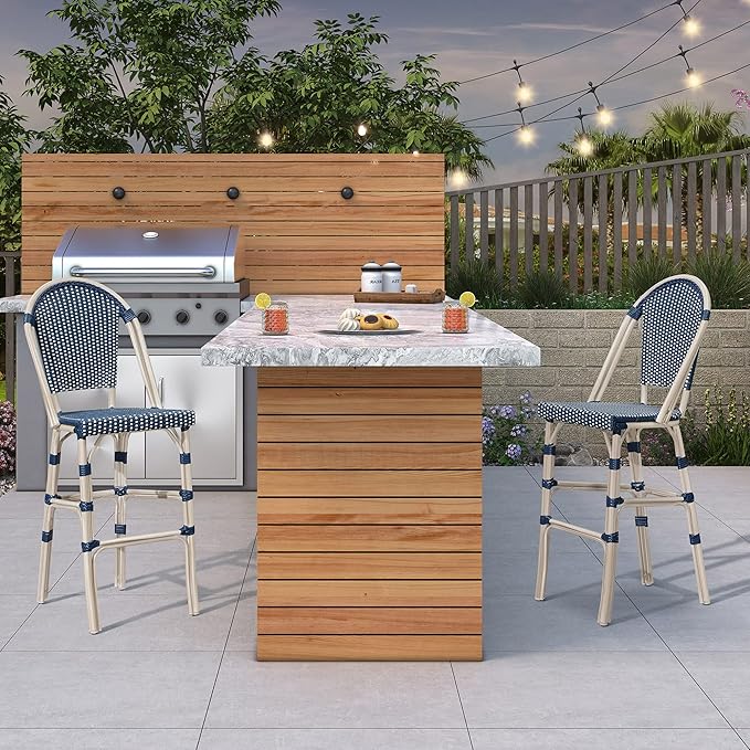 PURPLE LEAF French Counter Height Bar Stool Set of 4 25" White Print Finish Patio Bar Chairs with Back Rattan Bar - Photo 2