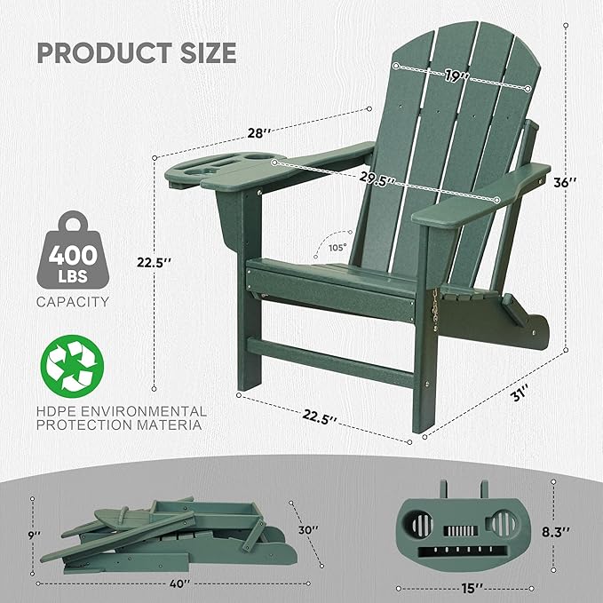 FOOWIN Folding Adirondack Chair Set of 2, HDPE Adirondack Chairs with Cup Holder - Photo 3