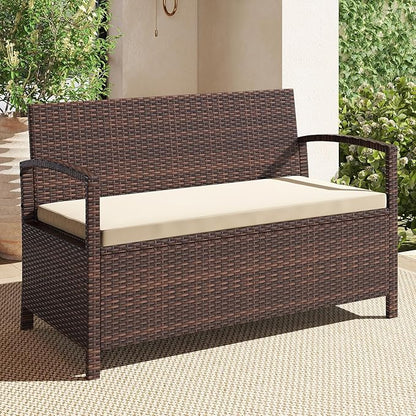 Tangkula 42 Gallon Outdoor Bench with Storage, Outdoor PE Rattan Storage Bench with Cushion, Backrest & Acacia Wood Armrests, Metal Frame, Waterproof Deck Box Seat for Porch Backyard Poolside